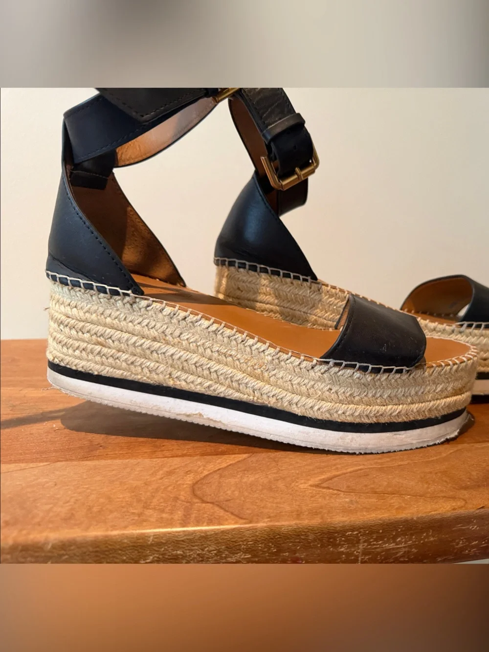 See By Chloe Black Leather Platform Espadrille Sandals with Gold Buckles